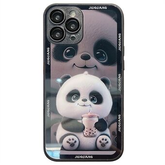 Mobiele telefoonhoesjes voor iPhone 15 Pro met melkthee panda patroon, gehard glas + TPU cover met lens film.