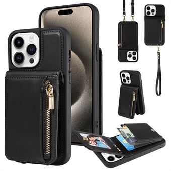 Voor iPhone 15 Pro Case, Drop-proof PU+TPU hoesje met standaard en rits-portemonnee, telefoonbeschermer.