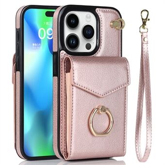 Voor iPhone 15 Pro Hoesje Accordeon Stijl RFID Blokkerende Kickstand PU+TPU Telefoonhoesje met Strap.