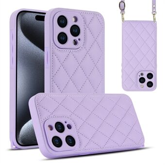 Voor iPhone 15 Pro Achterkant Hoesje Ruitpatroon PU+TPU Telefoonhoesje met Schouderband