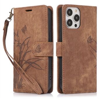 Voor iPhone 15 Pro Leren Flip Cover Orchidee Vlinder Portemonnee Hoesje met Strap