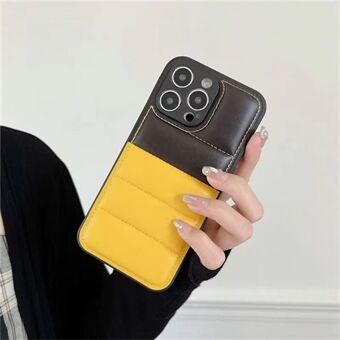 Voor iPhone 15 Pro TPU+PU Leren Hoesje met Splice Kleur Puffer Jacket Telefoonhoesje met Vulling