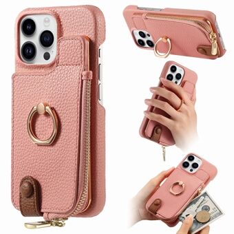 Y3 Voor iPhone 15 Pro Portemonneehoesje met Ringhouder PU Lederen Litchi Textuur Telefoonhoesje