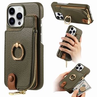 Y3 Voor iPhone 15 Pro Wallet Case met Ring Houder PU Leren Litchi Textuur Telefoon Achterkant Cover