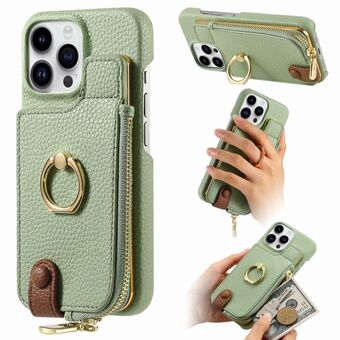 Y3 Voor iPhone 15 Pro Portemonnee Hoesje met Ringhouder PU Lederen Litchi textuur Telefoon Achterkant Cover