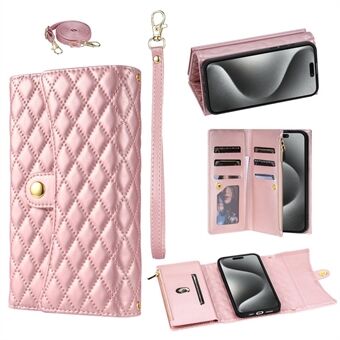 BKS-002 Voor de iPhone 15 Pro Telefoonhoesje Leren Crossbody Wallet Cover met Lange Riem