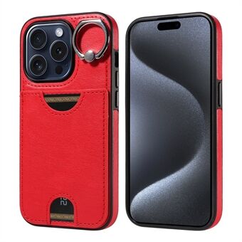 006 Voor iPhone 15 Pro Hoesje Kalfsleer Textuur PU TPU Achterkant Cover met Kaartsleuf Ring Grip Houder