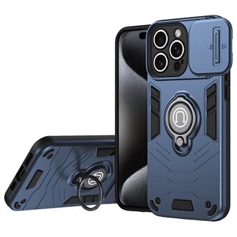 Voor iPhone 15 Pro Max Hoesje PC+TPU Ring Kickstand Telefoonhoesje met schuiflensdeksel