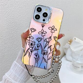 Voor iPhone 15 Pro Max hoesje met bloemenpatroon, lasertextuur, TPU+PC telefoonhoesje met kralenarmband.