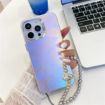 Voor iPhone 15 Pro Max Hoesje PC+TPU IMD Laser Textuur Matte Telefoonhoesje met Kralen Armband.