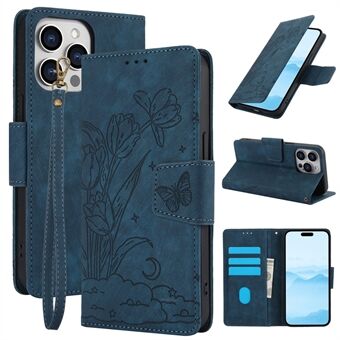 SY-001 Voor iPhone 15 Pro Max Hoesje Butterfly Flower Lederen Telefoonhoesje met Polsbandje