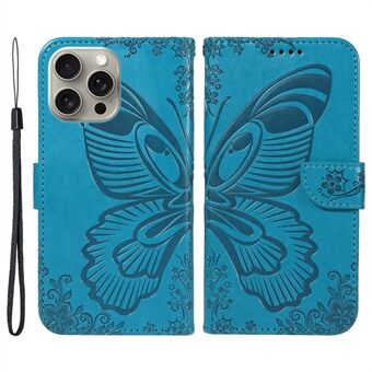 Voor de iPhone 15 Pro Max Case Leather Card Holder Folding Stand Phone Cover met ingedrukte vlinder.