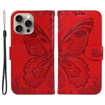 Voor iPhone 15 Pro Max hoesje Lederen Kaarthouder Opvouwbare Stand Cover voor Telefoon Met Vlinderopdruk