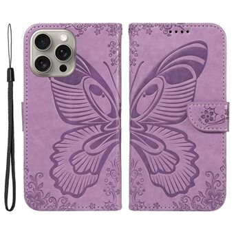 Voor iPhone 15 Pro Max hoesje van leer met kaarthouder, vouwbare standaard en een gedrukte vlinder op de telefoonhoes.