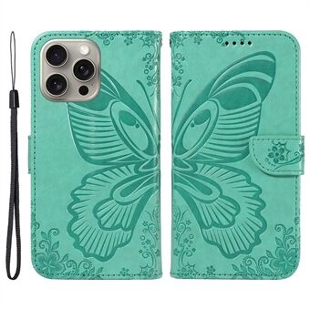 Voor iPhone 15 Pro Max hoesje van leer met kaarthouder, opvouwbare standaard en vlinderopdruk