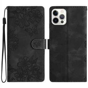 Voor iPhone 15 Pro Max Hoesje Sakura Vlinder Afdruk Skin-Touch Leren Portemonnee Telefoonhoesje