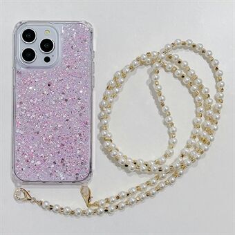 Voor iPhone 15 Pro Max hoesje met glitterpoeder, acryl en TPU telefoonhoesje met parelbead-riem.