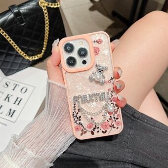 Voor iPhone 15 Pro Max Hoesje Bloem Rhinestone Decor TPU+Acryl Telefoonhoesje met Glitterpapier