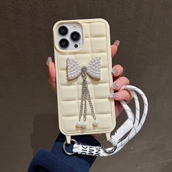 Voor iPhone 15 Pro Max Hoesje met Polsband TPU Telefoonhoesje Schattige 3D Ruit Strik Hanger Decoratie