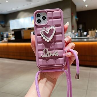 Voor iPhone 15 Pro Max Crossbody Hoes 3D Rasterontwerp TPU Telefoonhoesje met Hartdecoratie