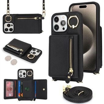 Voor iPhone 15 Pro Max Hoes Kaarttas PU Leer+TPU Ring Standaard Telefoonhoes met Lange Band