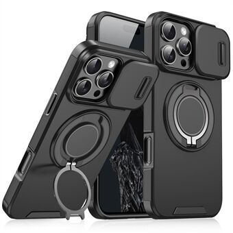 Voor iPhone 15 Pro Max Magnetische Telefoonhoes Schuiflens Beschermingsring Kickstand TPU+PC Hoes