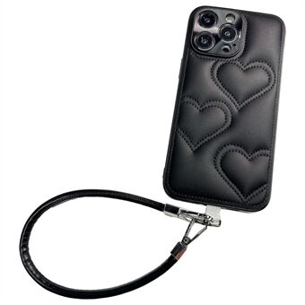 Voor iPhone 15 Pro Max Hoesje Hartjespatroon PU+TPU Telefoonhoes met Bandje