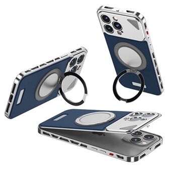 Voor iPhone 15 Pro Max Hoes Magnetische Sluiting Achterplaat + Metalen Frame Telefoonhoes met Kickstand