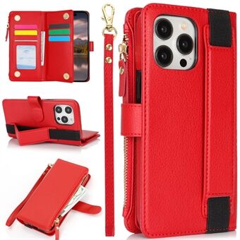 XL-001 Voor iPhone 15 Pro Max Hoesje Ritsvak Polsband Standaard Leren Telefoonhoesje