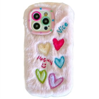 KJS-005 Voor iPhone 15 Pro Max Case Lens Kickstand Kleurrijke Hart Borduurwerk Fluffy TPU Telefoonomslag