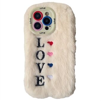 KJS-002 Voor iPhone 15 Pro Max Hoes Lens Kickstand Geborduurd LOVE Fluffy TPU Telefoonhoesje