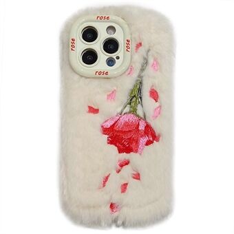 KJS-003 Voor iPhone 15 Pro Max Hoes Rozenpatroon Pluche+TPU Telefoonhoesje met Lensframe en Standaard