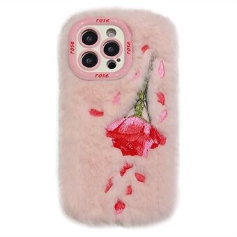 KJS-003 Voor iPhone 15 Pro Max Hoes Rozenpatroon Pluche+TPU Telefoonhoes met Lensframe Standaard