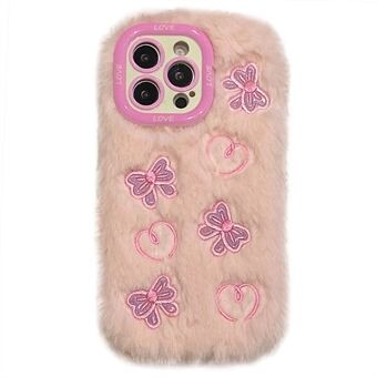 KJS-008 Voor iPhone 15 Pro Max Hoesje Hart Vlinderpatroon Pluche+TPU Telefoonhoes met Lensframe Standaard