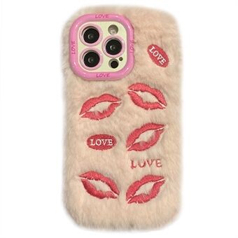 KJS-017 Voor iPhone 15 Pro Max Hoes Lippenprint Patroon Pluche+TPU Telefoonhoes met Lensframe Standaard