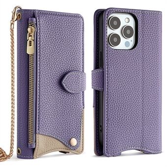 Voor iPhone 15 Pro Max Leren Hoes Wallet Stand Cover Onregelmatige Staartstijl met Kettingriem