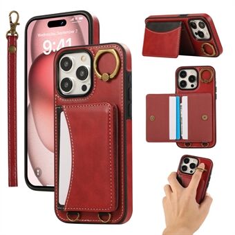 iPhone 15 Pro Max PU Leren Achterhoesje Kaartenhouder Kickstand Telefoonhoesje met Polsbandje