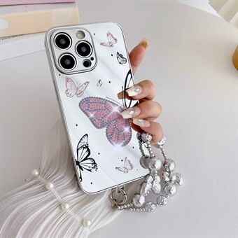 Voor iPhone 15 Pro Max Hoes IMD Zilveren Afwerking TPU+PC Rhinestones Decor Telefoonhoes met Armband Ketting