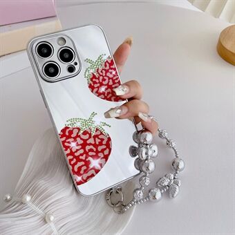 Voor iPhone 15 Pro Max Hoes IMD Zilverkleurige Afwerking TPU+PC Strass Decor Telefoonhoes met Armbandketting