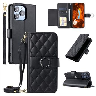 Voor iPhone 15 Pro Max Crossbody Leren Hoes Ring Gesp Portemonnee Standaard Ruitvormige Telefoonbescherming