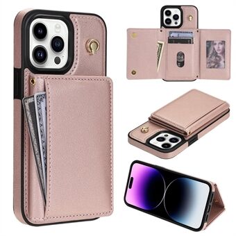 BKS-003 Voor iPhone 15 Pro Max Hoes Tri-Fold Kaartenhouder Kickstand TPU+Leren Achterkant met Schouderriem