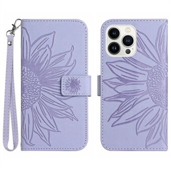 HT04 Voor iPhone 15 Pro Max Anti-drop Telefoonhoesje Zonnebloem Patroon Stand Leren Portemonneehoesje met Handriem