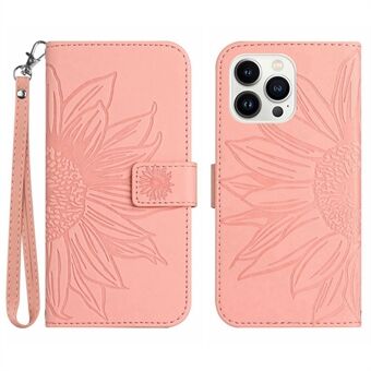 HT04 Voor iPhone 15 Pro Max Anti-val telefoonhoesje Zonnebloem patroon standaard lederen portemonneehoesje met handriem