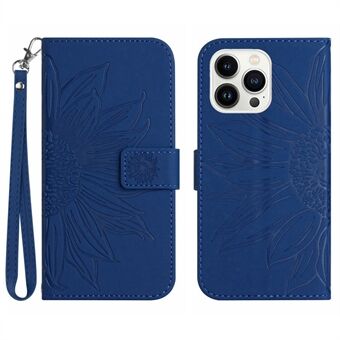 HT04 Voor iPhone 15 Pro Max Anti-val Telefoonhoes Zonnebloem Patroon Stand Leren Portemonnee Hoesje met Handriem