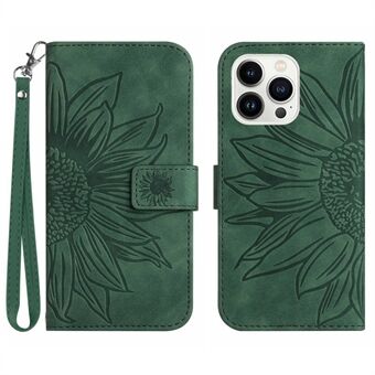 HT04 Voor iPhone 15 Pro Max Anti-val Telefoonhoesje Zonnebloem Patroon Standaard Leren Portemonnee Hoesje met Handriem