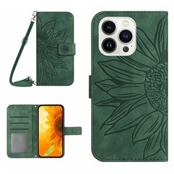 HT04 Standaardhoesje voor iPhone 15 Pro Max met zonnebloemafdruk Telefoonhoesje Leren portemonnee met schouderriem