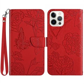 HT03 voor iPhone 15 Pro Max PU lederen portemonnee telefoonhoes met vlinderopdruk en polsband