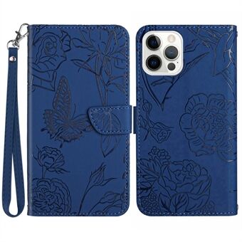 HT03 Voor iPhone 15 Pro Max PU lederen standaard portemonnee telefoonhoesje met vlinder opdruk en polsbandje