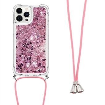 YB Drijfzand Serie-4 voor iPhone 15 Pro Max Glitter Telefoonhoesje Vloeibare TPU Beschermhoes met opvulling en lanyard