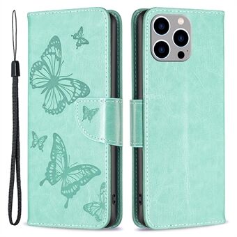 Voor iPhone 15 Pro Max Flip Case Butterfly bedrukte lederen anti-stof staande portemonnee telefoonhoes met band.